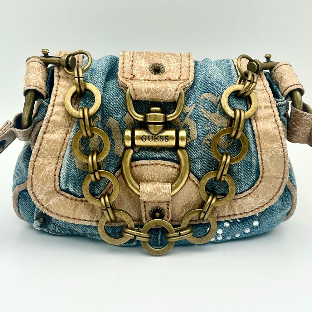 Vintage Y2K GUESS Denim Crossbody Bag Temptation Mini Purse Chunky Chain Crystal